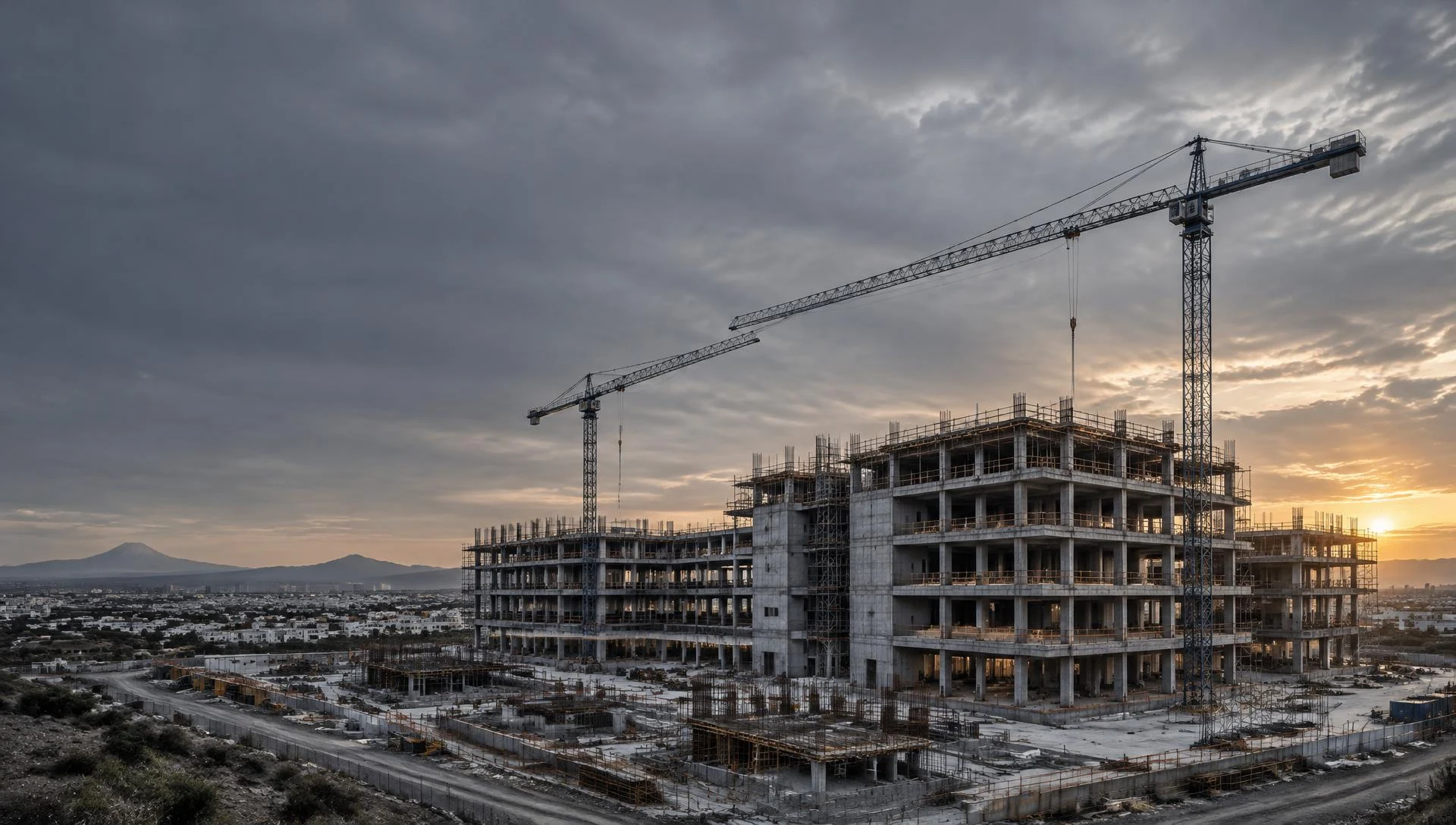 Obra de edificación institucional con grúas torre al atardecer